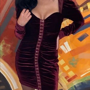 Burgundy Velvet Puff Sleeve Oh Polly Dress